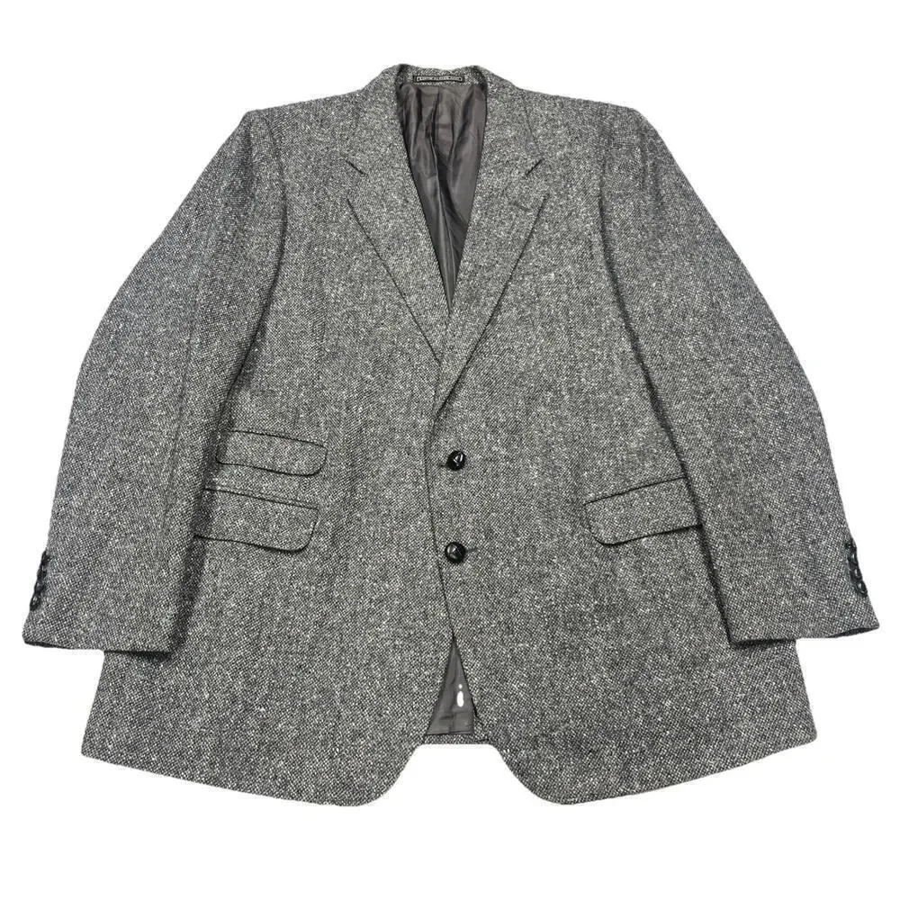 Vintage Stafford Executive Tweed Wool Blazer Jacket Size 46L Black Gray Preppy